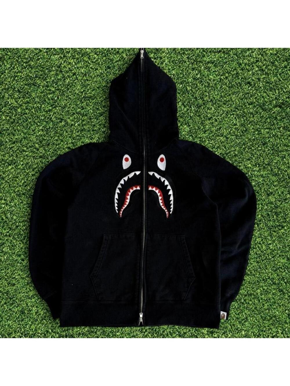 Authentic BAPE Black Navy Shark Zip Up Hoodie Size L Fits Smaller